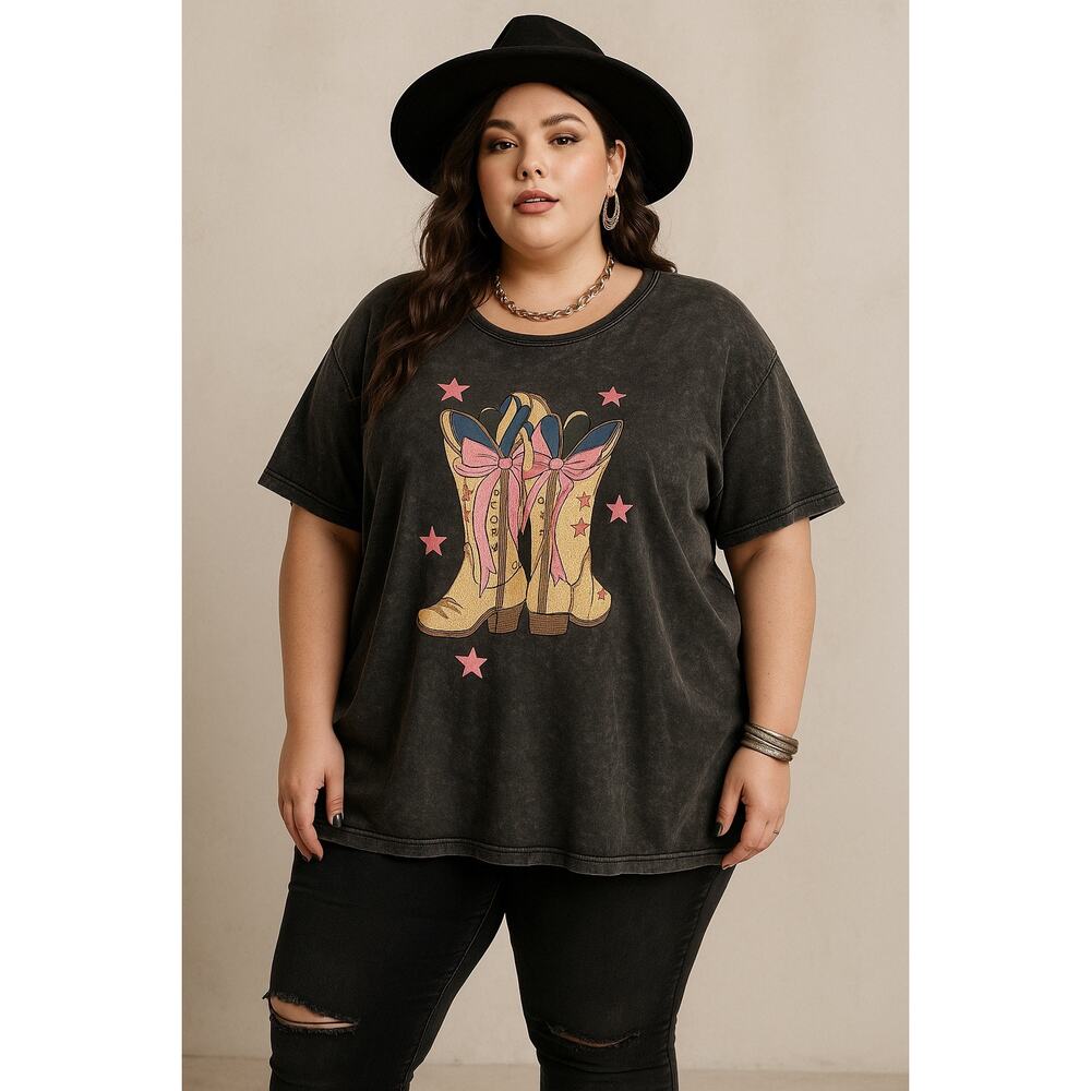 Zutter Western Cowgirl Boots Graphic Tee Gray Mineral Wash Women’s 3XL NEW